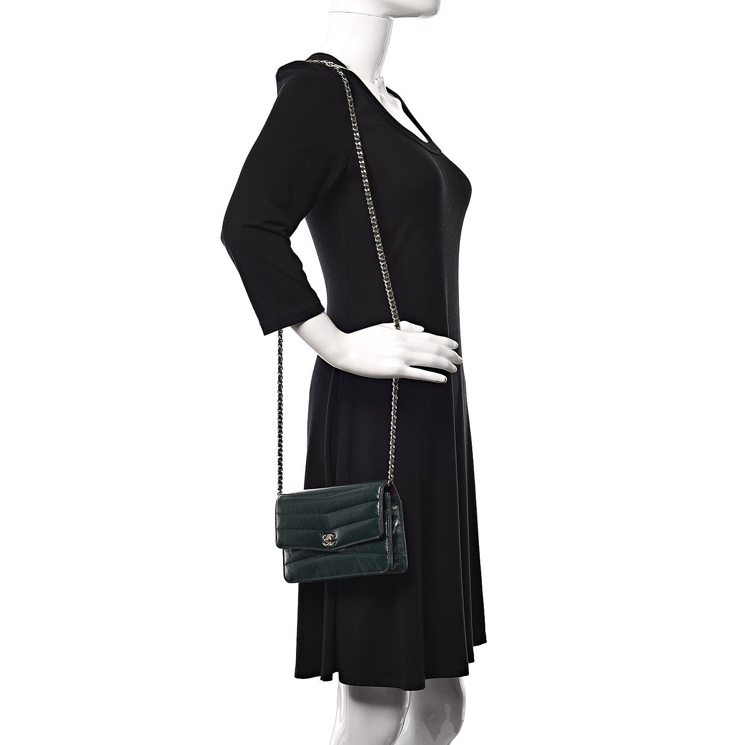 Chanel Lambskin Chevron Quilted Wallet On Chain WOC Dark Green 2 of 12