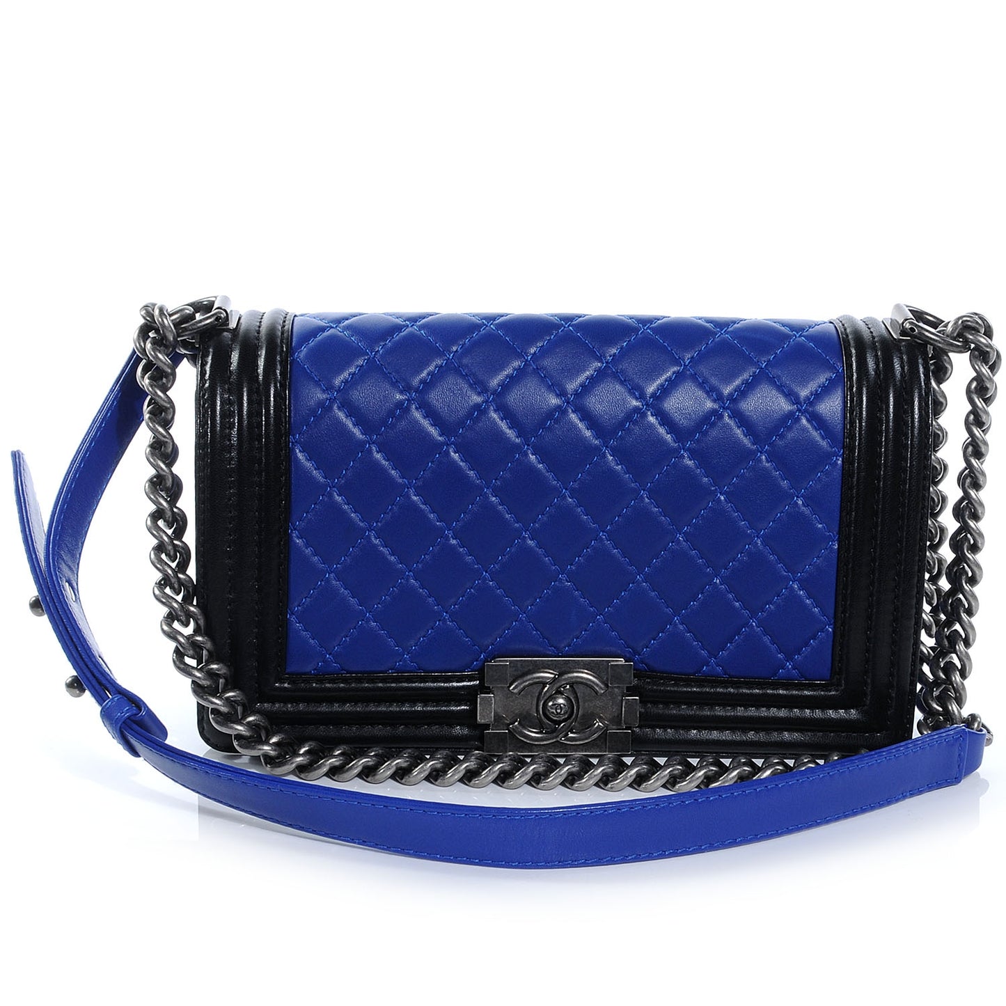Lambskin Quilted Medium Boy Flap Black Blue Fonce