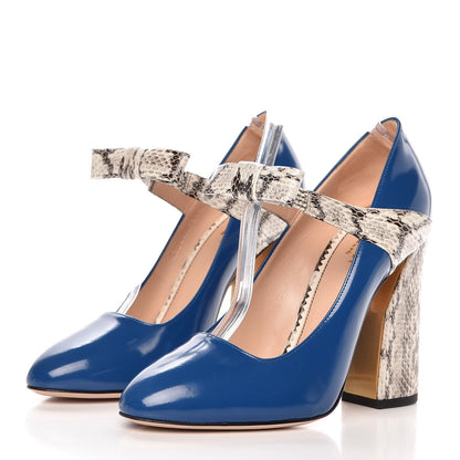 Gucci Polished Calfskin Elaphe Nimue Bow Mary Jane Pumps 38.5 Vintage Bluette Roccia 3 of 9