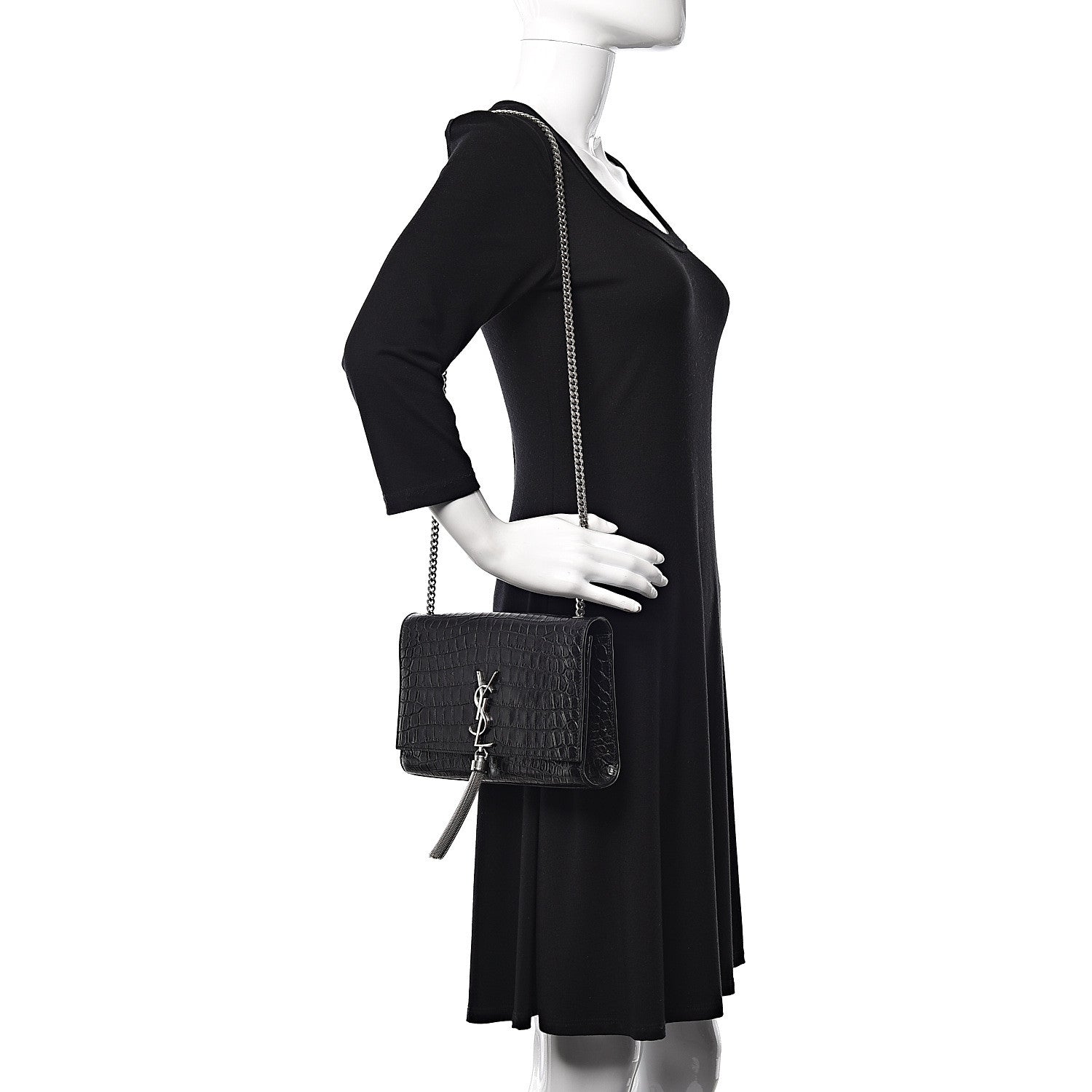 Saint Laurent Calfskin Crocodile Embossed Medium Classic Monogram Kate Tassel Satchel Black 2 of 12