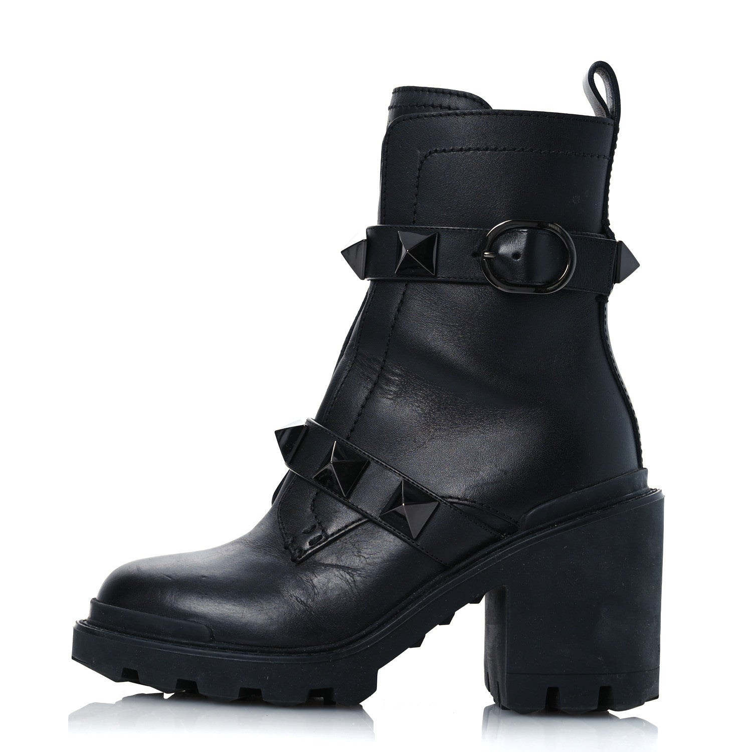 Valentino Garavani Calfskin Tonal Roman Stud Combat Boots 35.5 Black 1 of 14