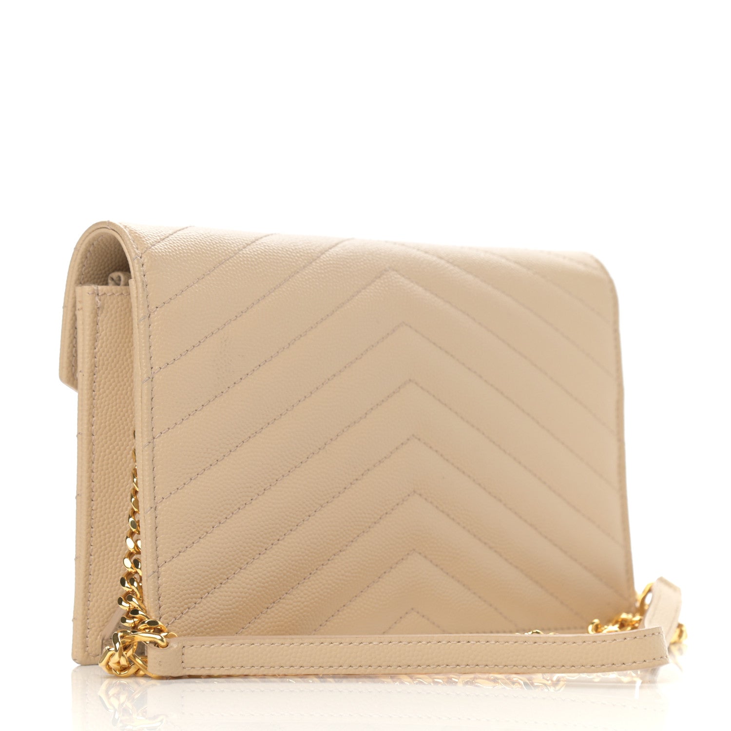 Saint Laurent Grain De Poudre Matelasse Chevron Monogram Envelope Chain Wallet Dark Beige 3 of 13