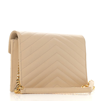 Saint Laurent Grain De Poudre Matelasse Chevron Monogram Envelope Chain Wallet Dark Beige 3 of 13