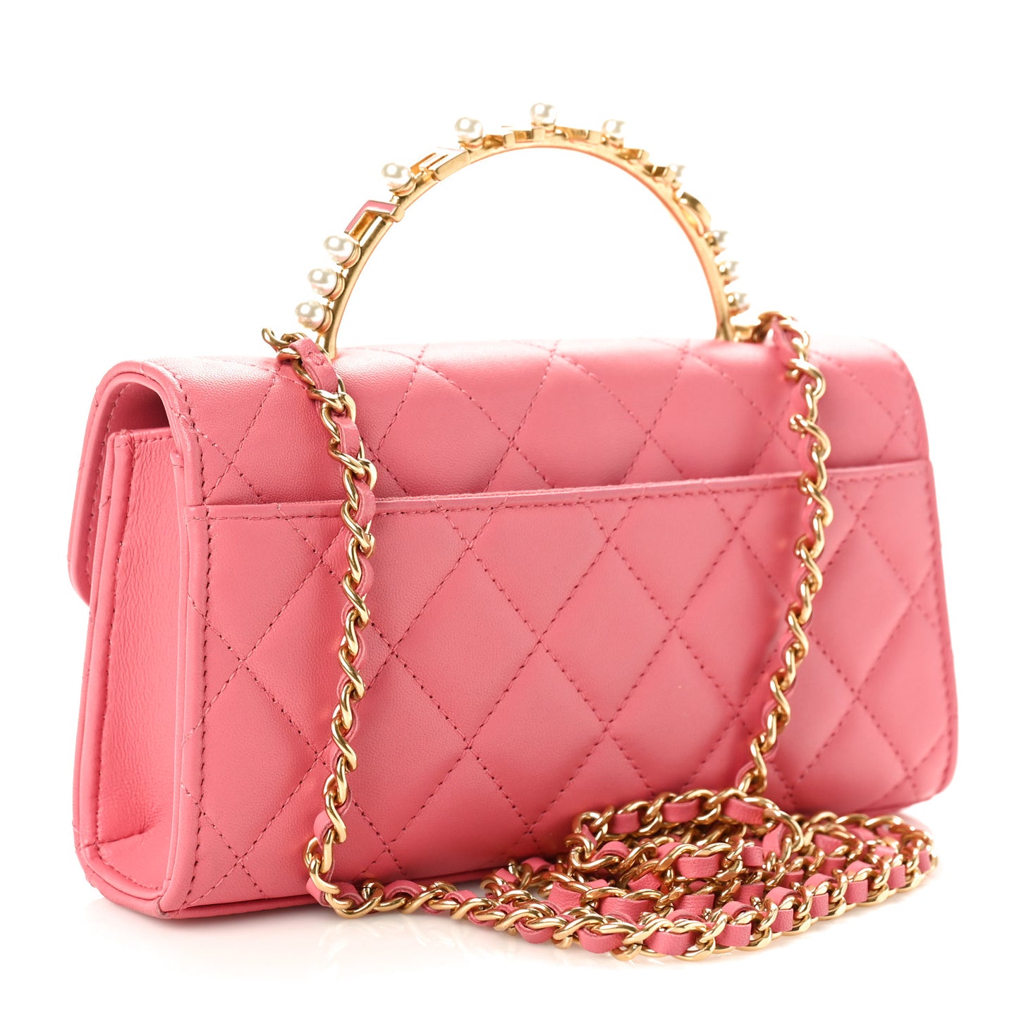 Lambskin Pearl Enamel Quilted Pearly Girl Handle Flap Phone Holder With Chain Pink