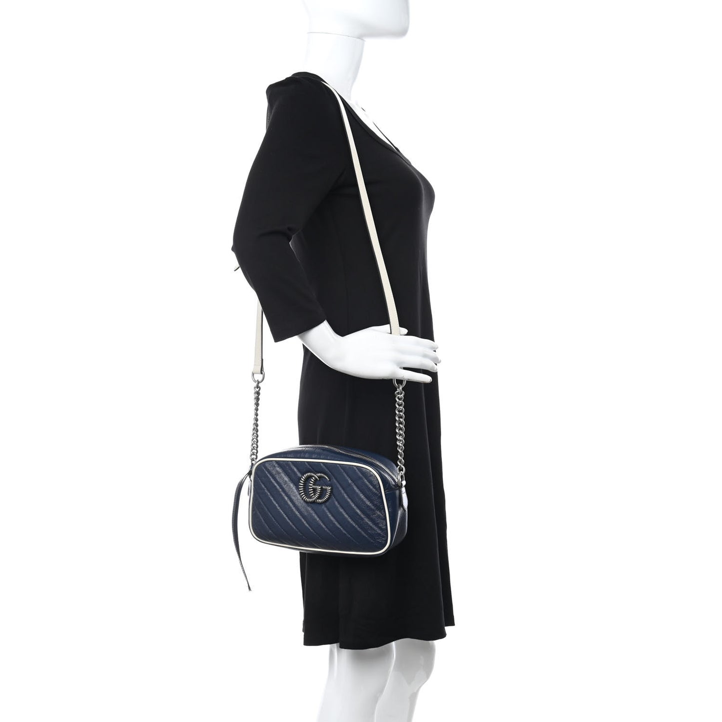 Vintage Effect Calfskin Matelasse Diagonal Small Torchon GG Marmont Chain Shoulder Bag Blue Agata Mystic White