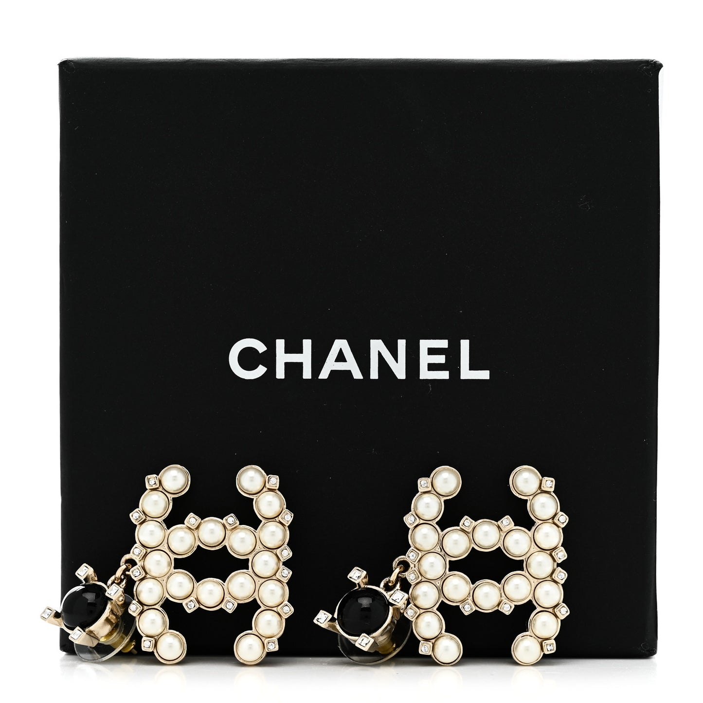 Resin Crystal Pearl CC Drop Earrings Black Gold
