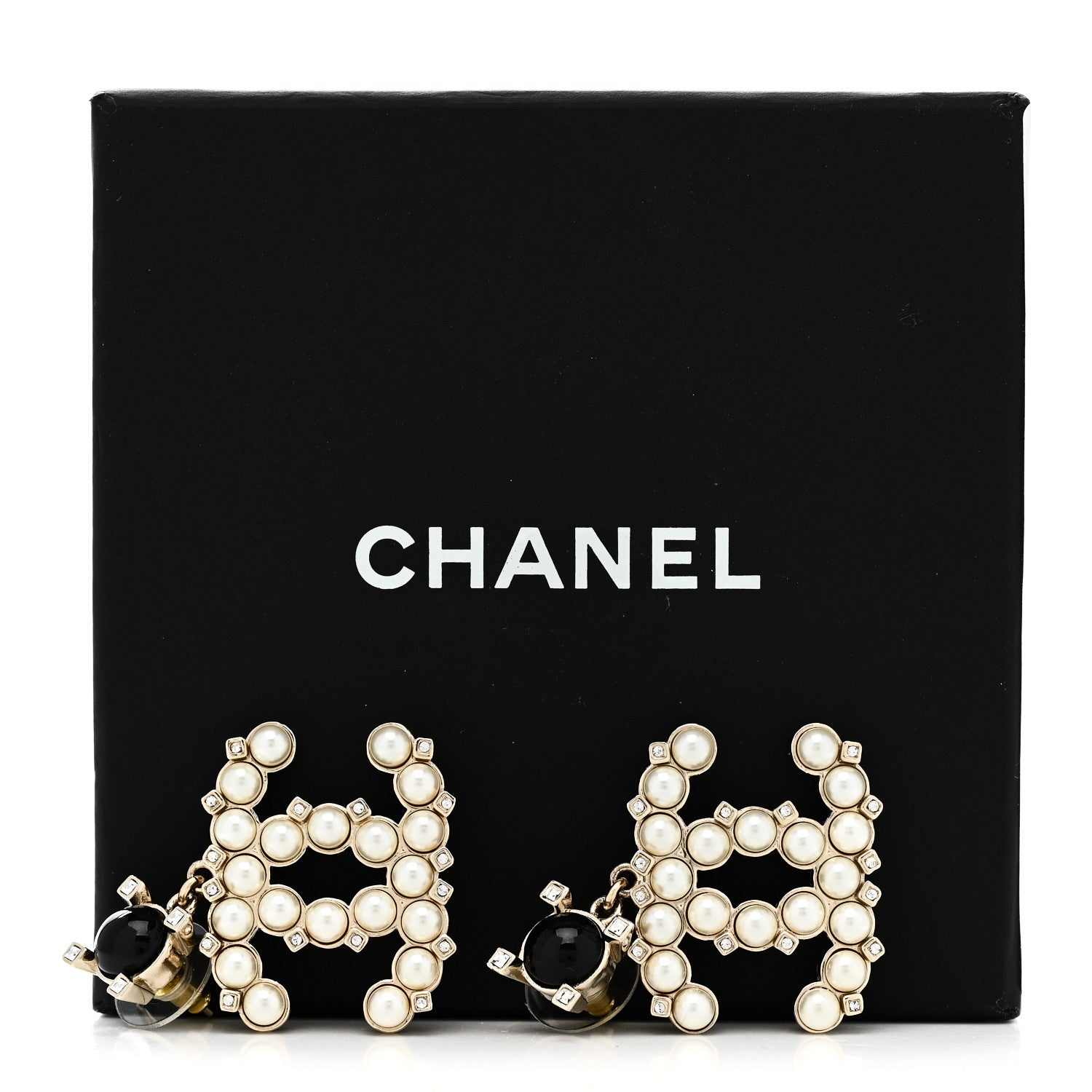 Chanel Resin Crystal Pearl CC Drop Earrings Black Gold 5 of 5