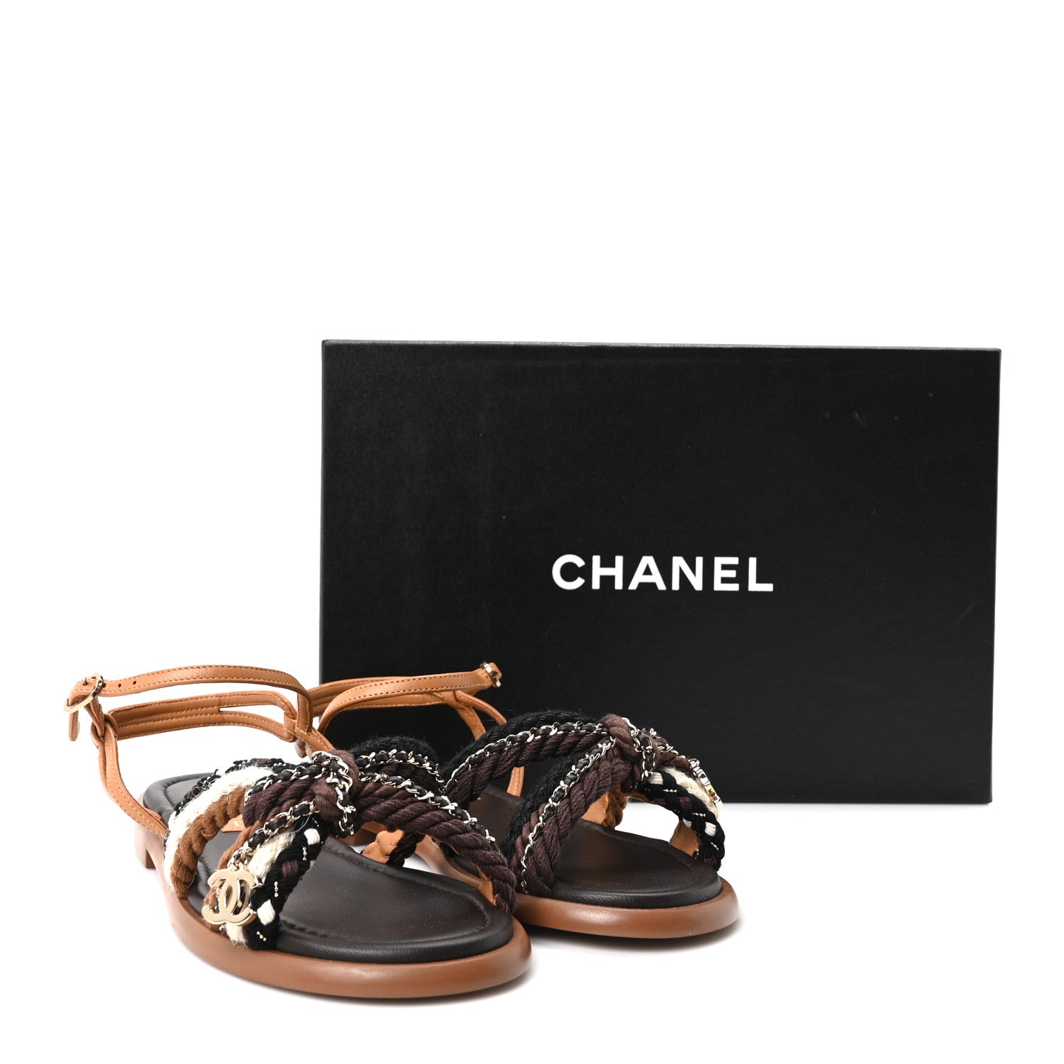 Chanel Lambskin Cord Chain CC Sandals 37 Brown Black Ivory 10 of 10