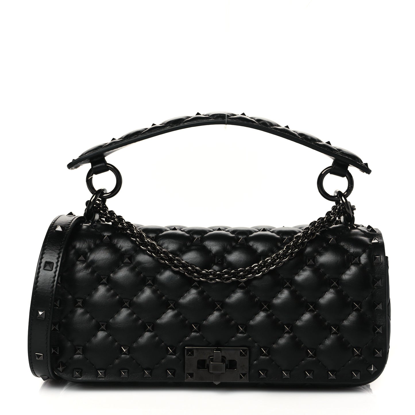 Calfskin Tonal Rockstud Spike Convertible Shoulder Bag Black