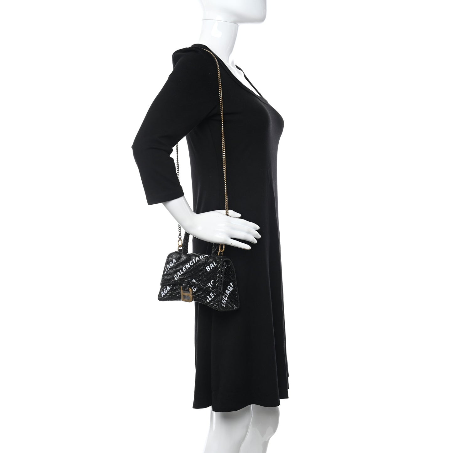 Strass Suede Allover Logo Hourglass Top Handle Bag XS with Chain Black White
