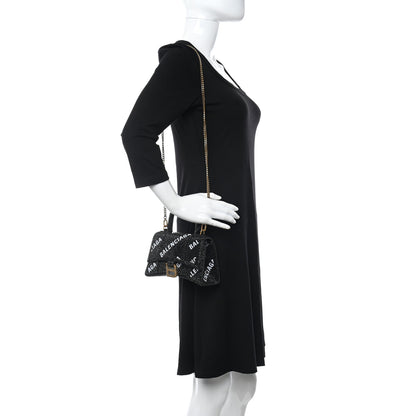 Balenciaga Strass Suede Allover Logo Hourglass Top Handle Bag XS with Chain Black White 2 of 10