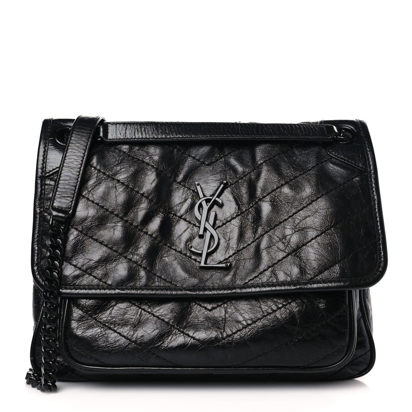 Crinkled Calfskin Matelasse Monogram Medium Niki Chain Satchel Black