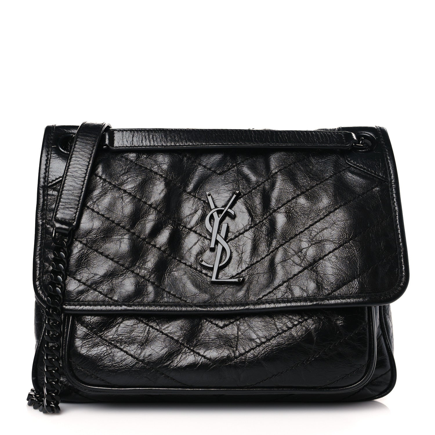 Saint Laurent Crinkled Calfskin Matelasse Monogram Medium Niki Chain Satchel Black 1 of 9