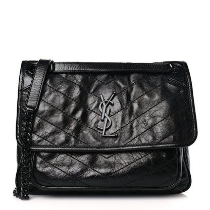 Saint Laurent Crinkled Calfskin Matelasse Monogram Medium Niki Chain Satchel Black 1 of 9