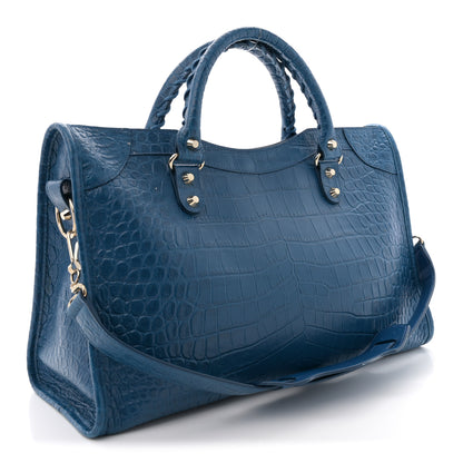 Balenciaga Calfskin Crocodile Embossed Classic Silver Hardware City Bleu Marine 4 of 15