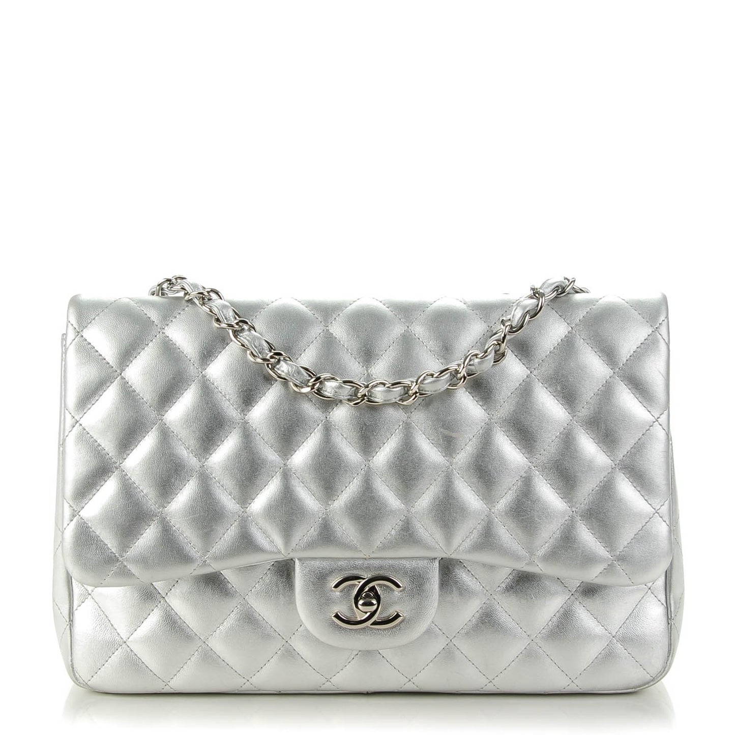 Metallic Lambskin Quilted Jumbo Single Flap Silver