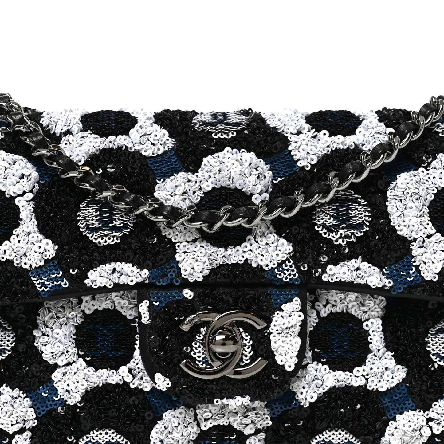 Satin Sequin Embellished Flower East West Flap Black White Blue