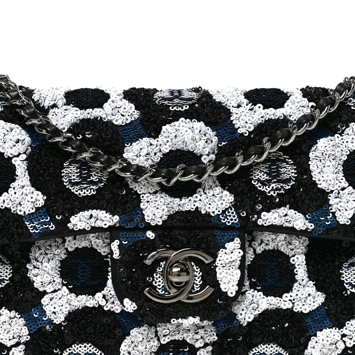 Chanel Satin Sequin Embellished Flower East West Flap Black White Blue 8 of 10