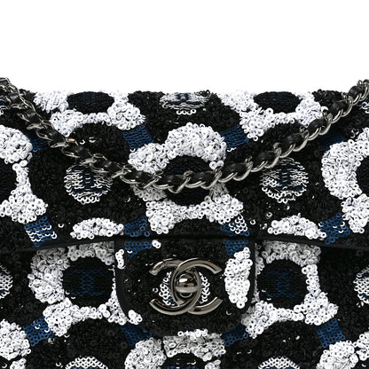 Chanel Satin Sequin Embellished Flower East West Flap Black White Blue 8 of 10