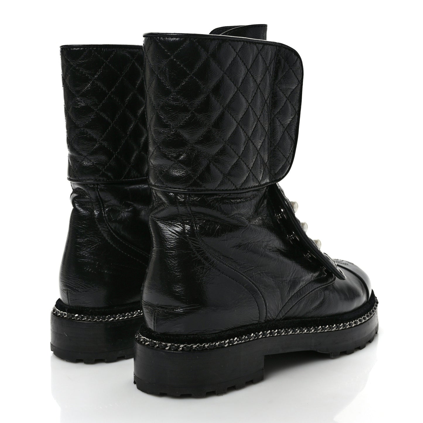 Crackled Calfskin Velvet Pearl Combat Ankle Boots 38 Black