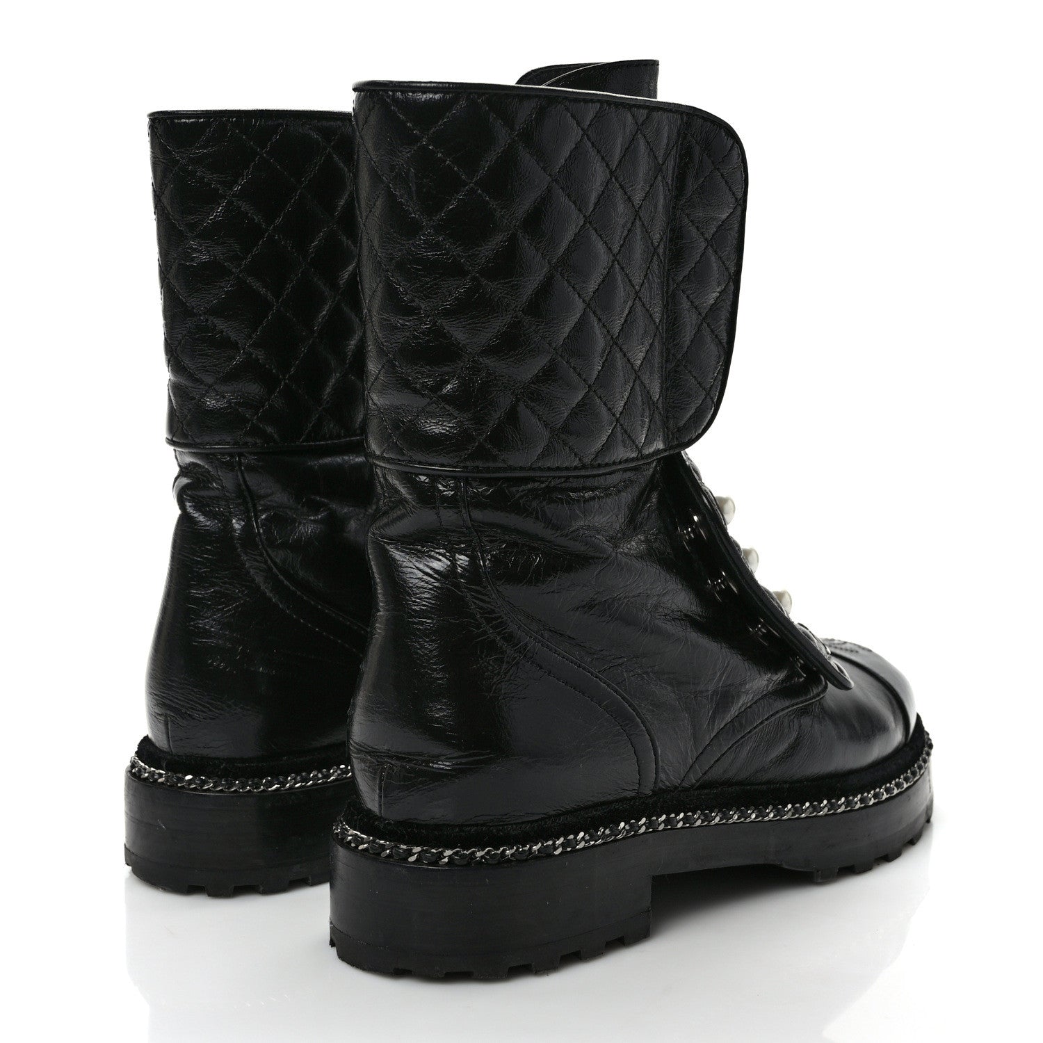 Chanel Crackled Calfskin Velvet Pearl Combat Ankle Boots 38 Black 4 of 9