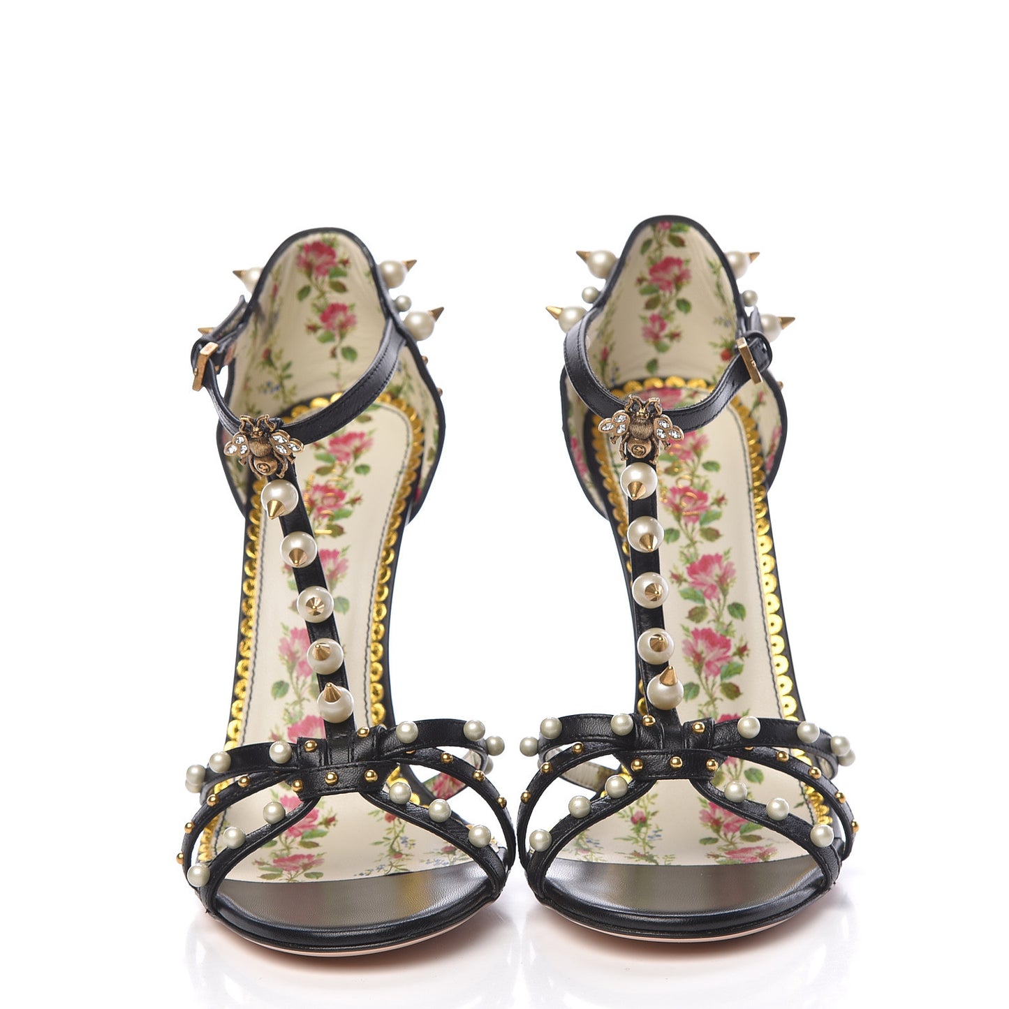Malaga Kid Pearl Studded Regina T-Strap High Heel Sandals 38 Black