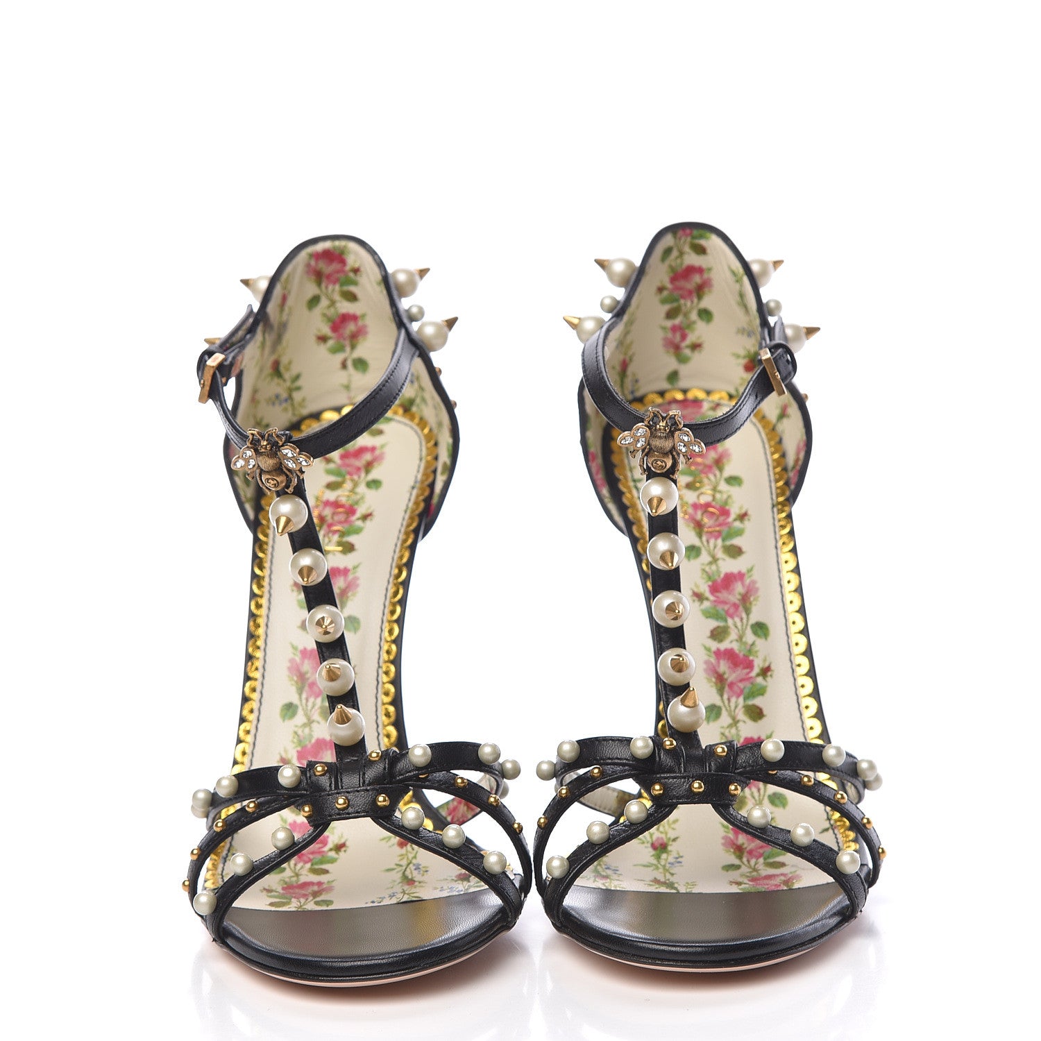 Gucci Malaga Kid Pearl Studded Regina T-Strap High Heel Sandals 38 Black 2 of 8