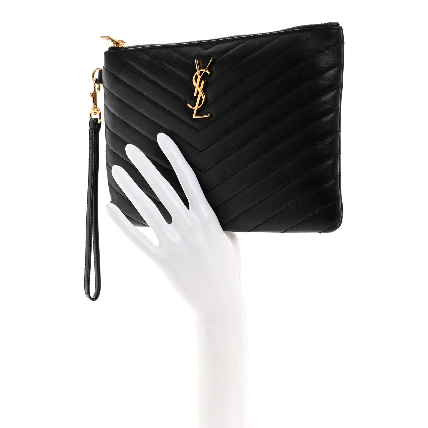 Saint Laurent Calfskin Matelasse Chevron Monogram A5 Wristlet Black 2 of 7