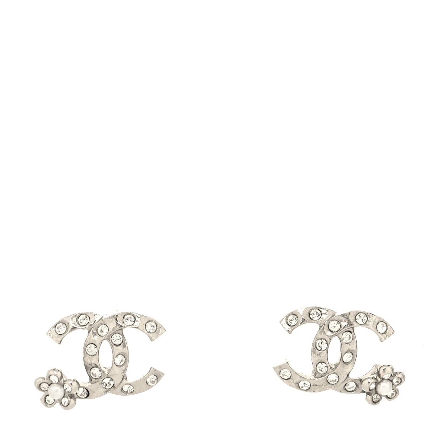 Crystal Pearl Camellia CC Earrings Silver