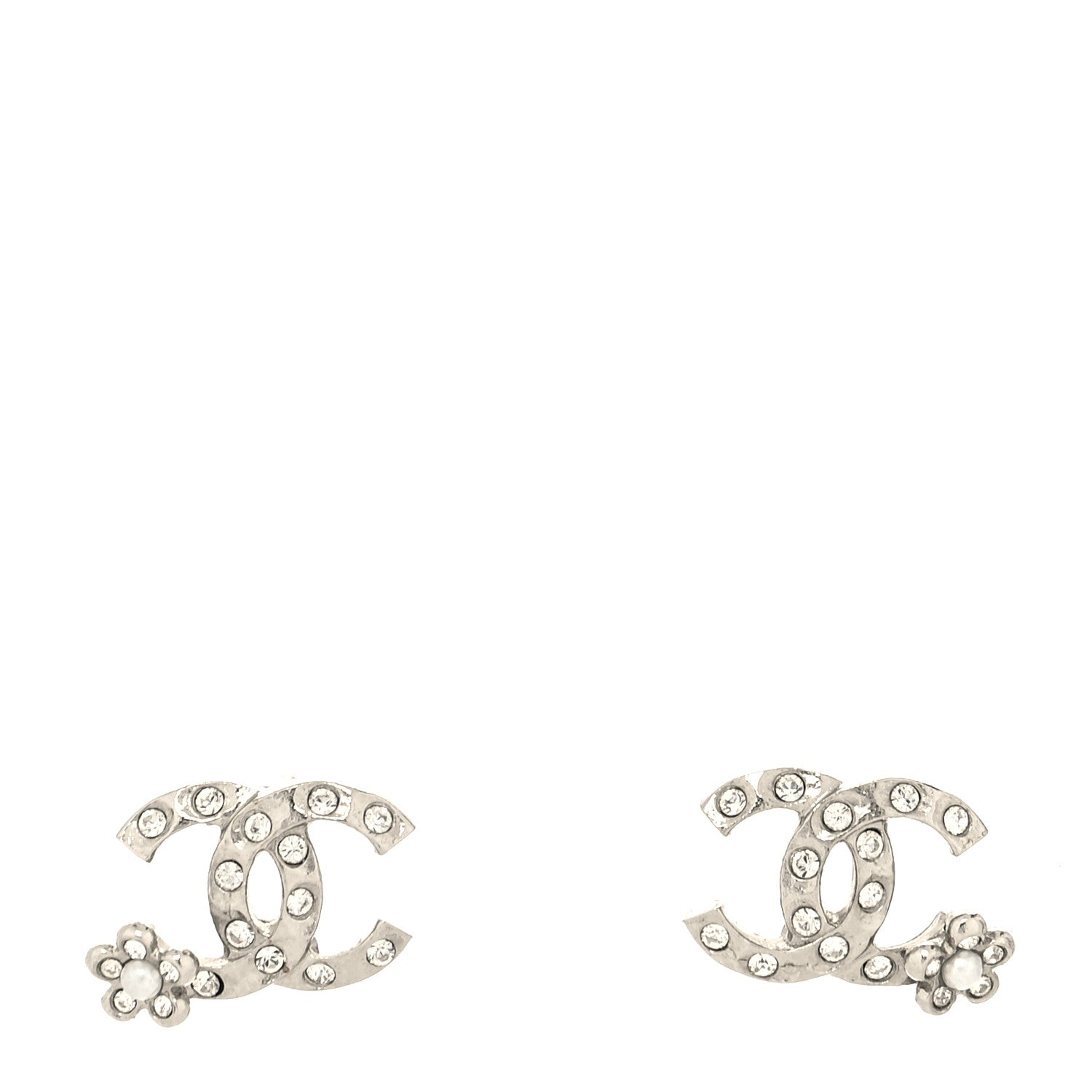 Chanel Crystal Pearl Camellia CC Earrings Silver 1 of 4