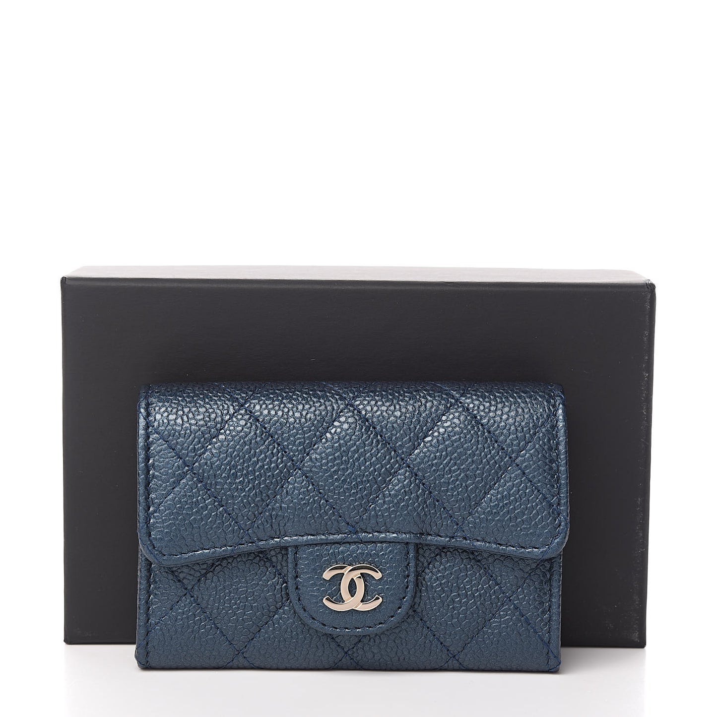 Metallic Caviar Quilted Flap Card Holder Dark Blue