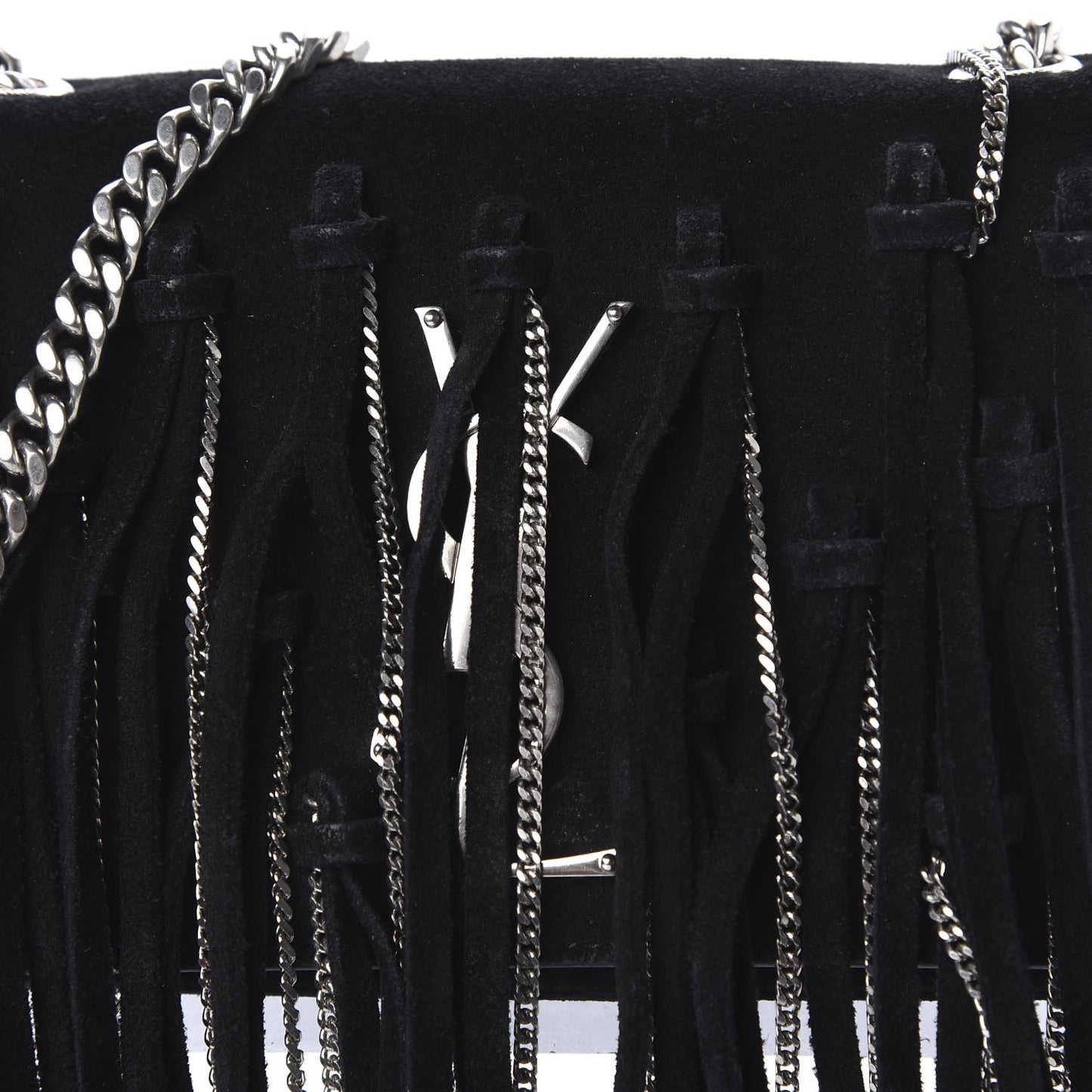 Suede Fringe Chain Monogram Satchel Black