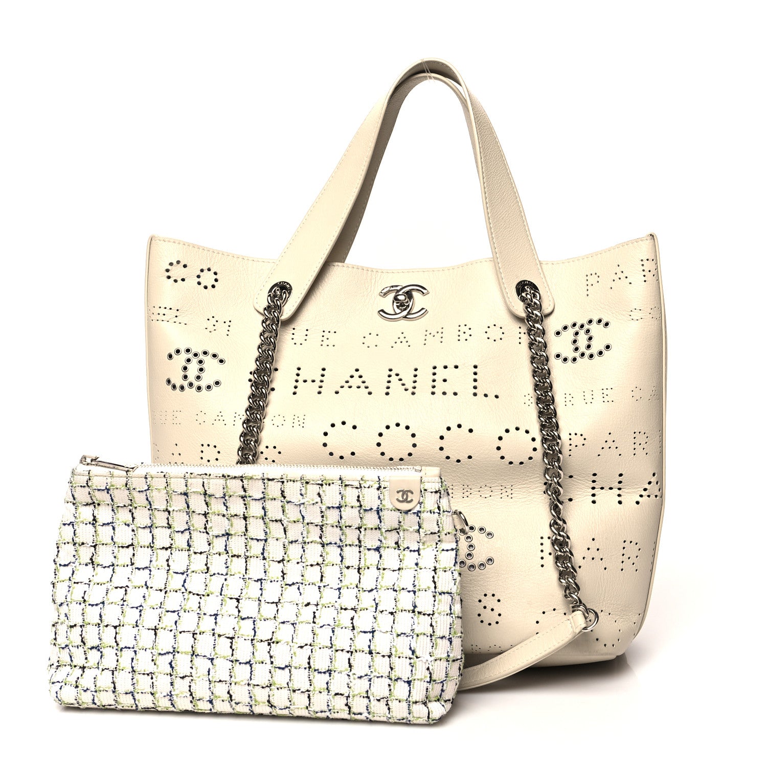 Chanel Calfskin Tweed Small Logo Eyelets Shopping Tote Beige 1 of 12