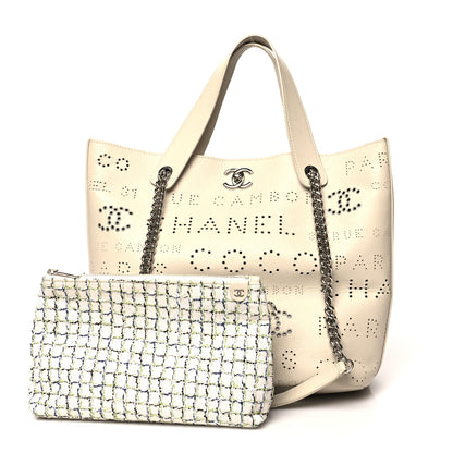 Chanel Calfskin Tweed Small Logo Eyelets Shopping Tote Beige 1 of 12