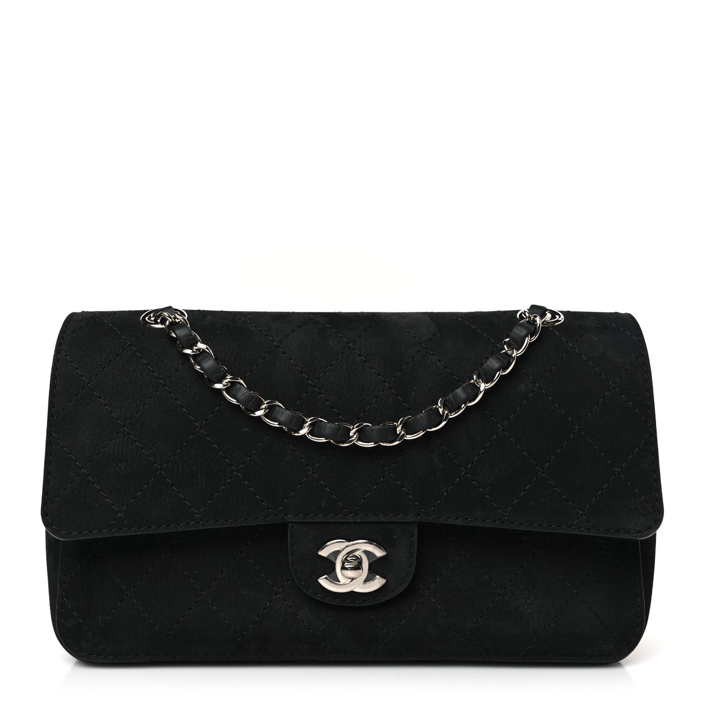 Suede Quilted Medium Double Flap Black