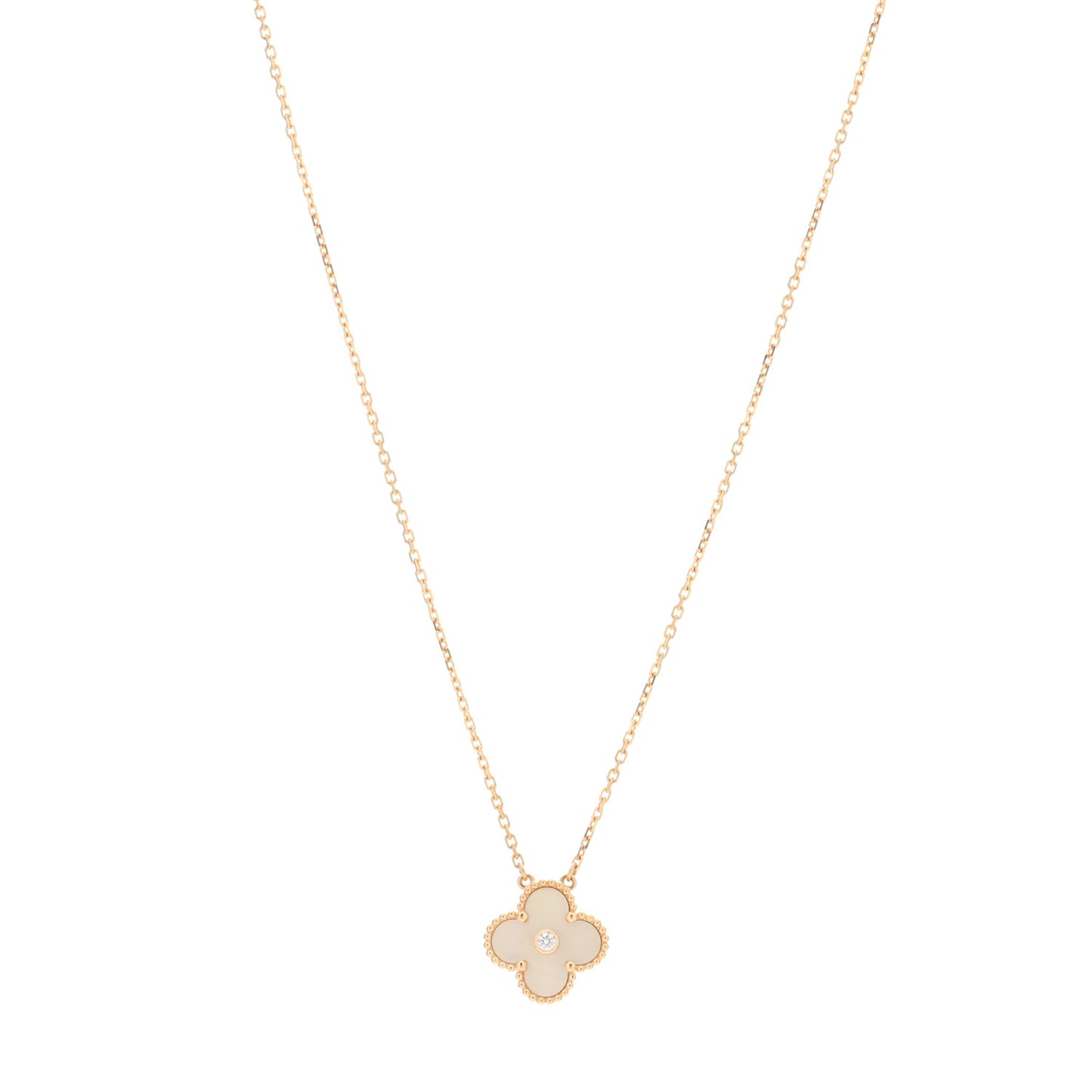 18K Yellow Gold Diamond Yellow Mother of Pearl Vintage Alhambra Pendant Necklace