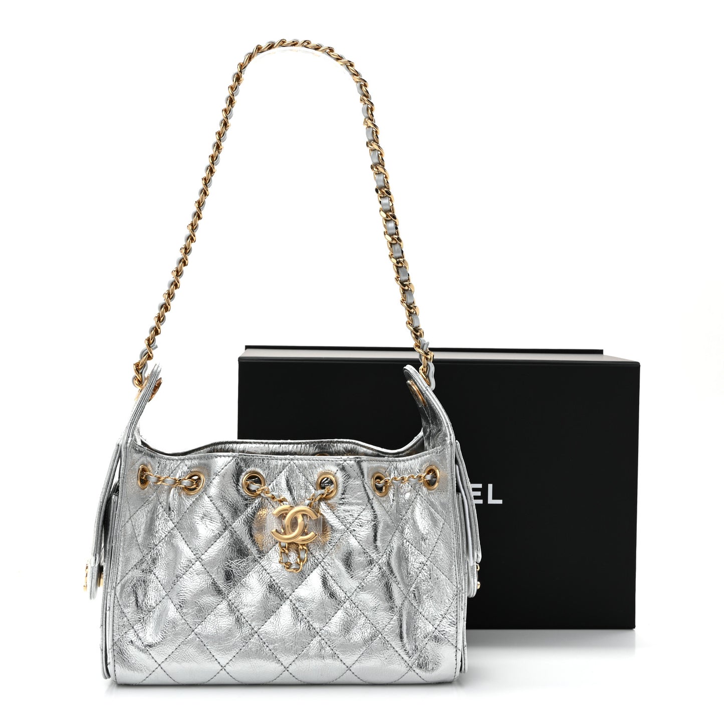 Metallic Aged Calfskin Quilted Mini Chanel 25 Handbag Silver