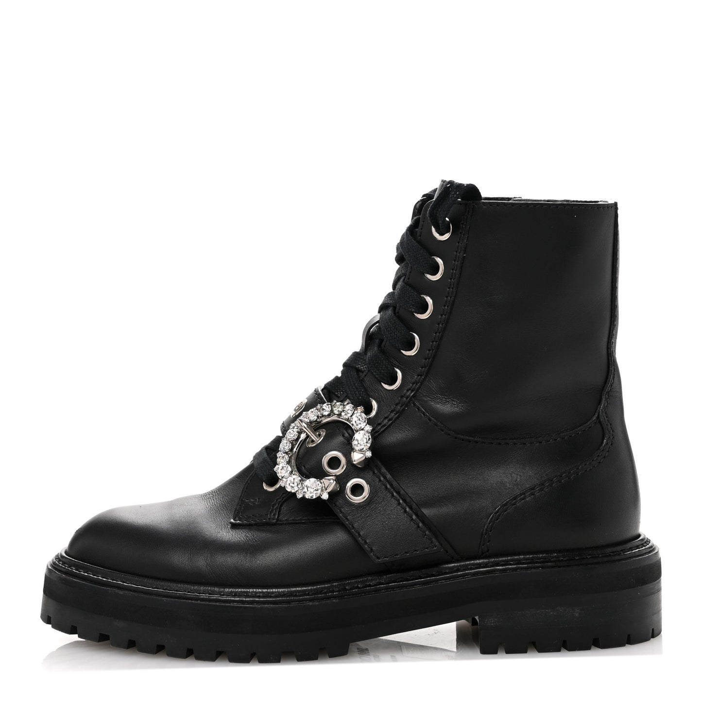 Calfskin Crystal Embellished Cora Flat Combat Boots 36 Black