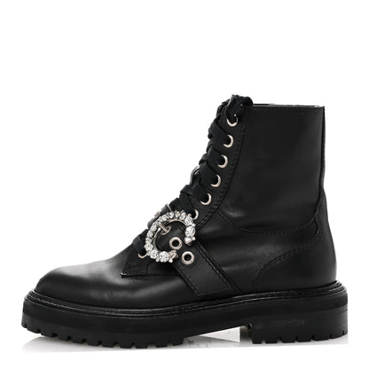 Jimmy Choo Calfskin Crystal Embellished Cora Flat Combat Boots 36 Black 1 of 8