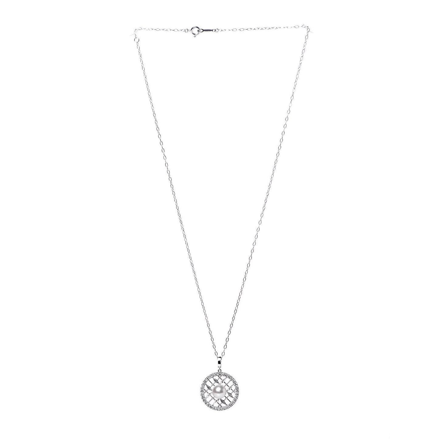 18K White Gold Diamond Akoya Pearl 7mm Circle Pendant Necklace