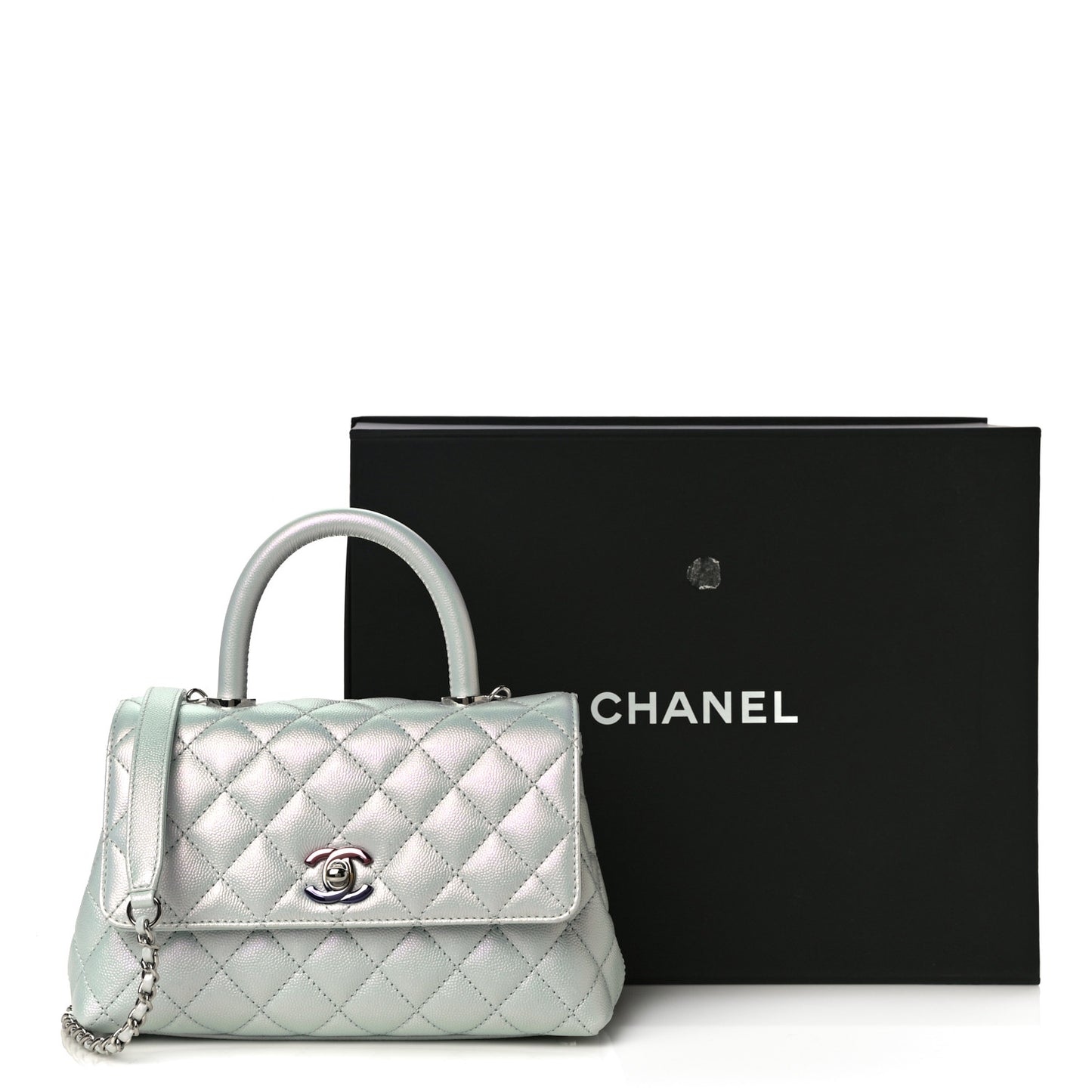 Iridescent Caviar Quilted Mini Coco Handle Flap Light Blue