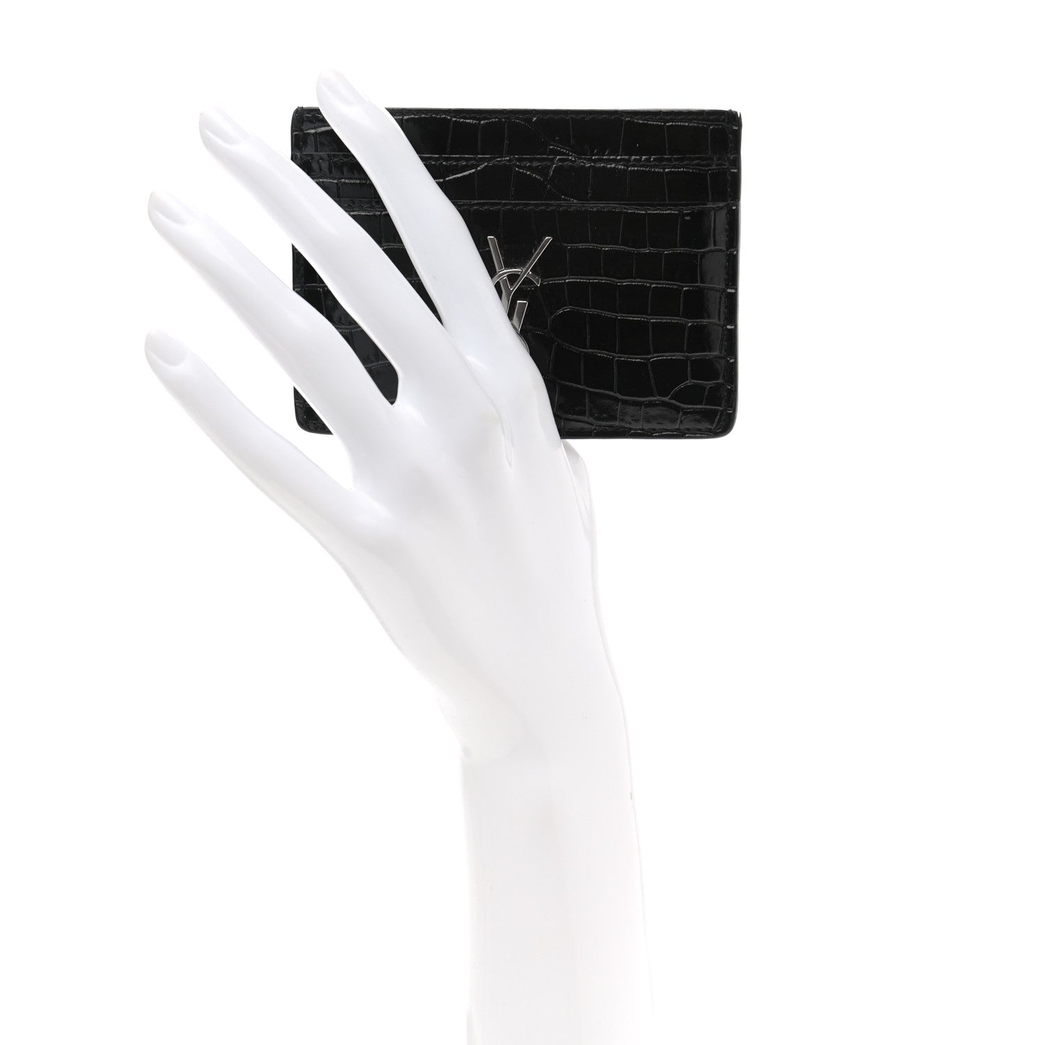 Saint Laurent Calfskin Crocodile Embossed Monogram Credit Card Case Black 2 of 8