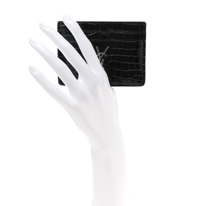 Saint Laurent Calfskin Crocodile Embossed Monogram Credit Card Case Black 2 of 8