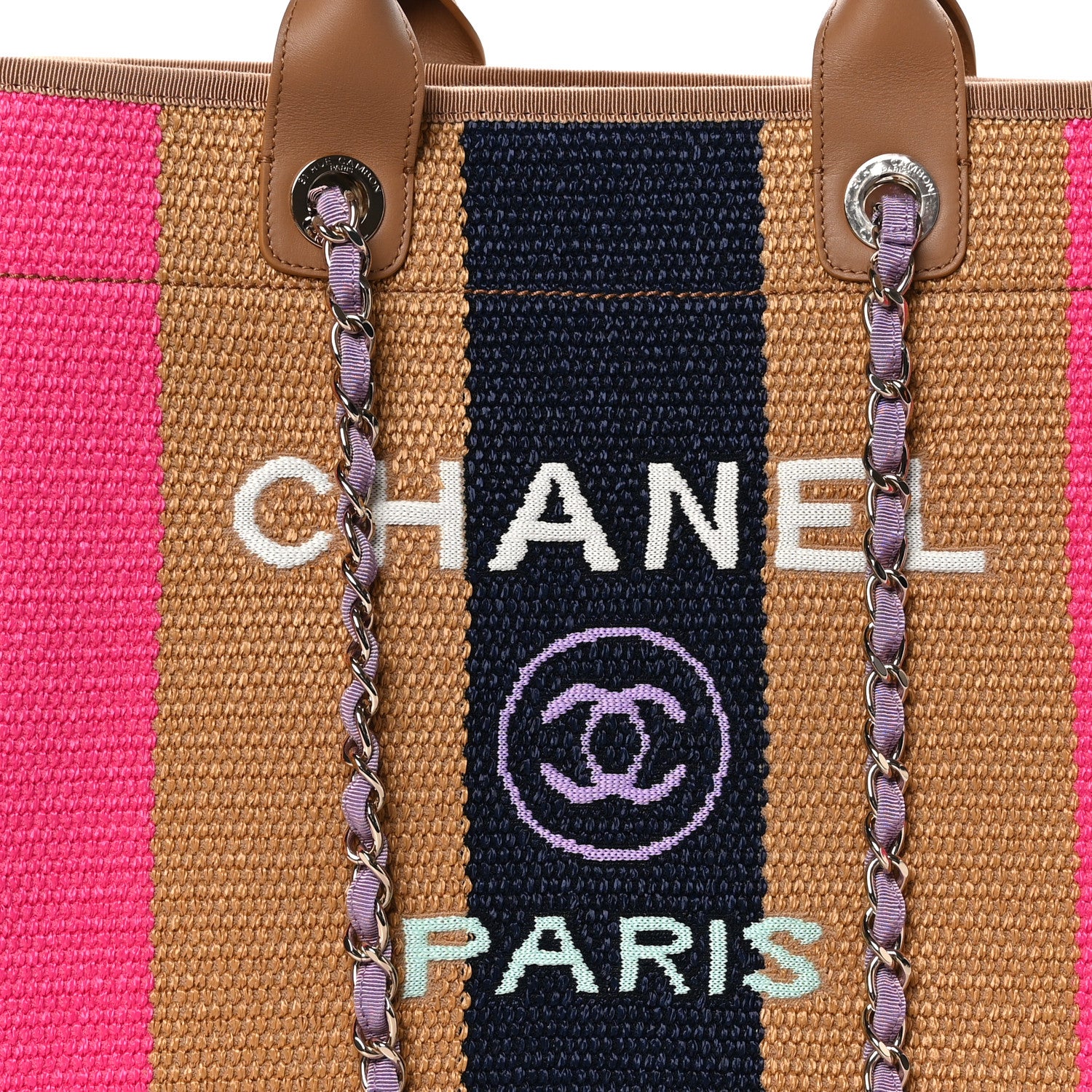 Chanel Straw Raffia Calfskin Striped Medium Deauville Tote Dark Beige Fuchsia Navy Blue 8 of 11