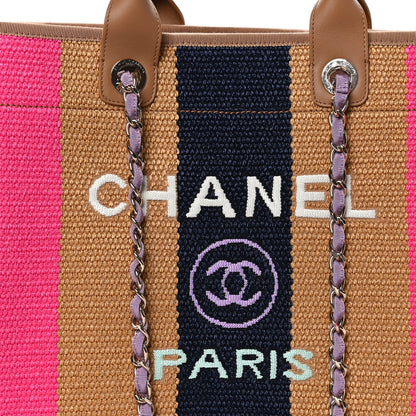 Chanel Straw Raffia Calfskin Striped Medium Deauville Tote Dark Beige Fuchsia Navy Blue 8 of 11