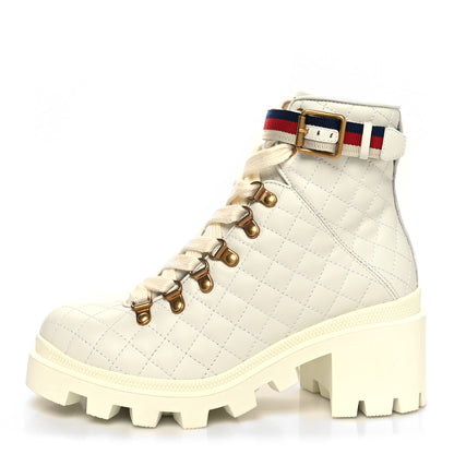 Gucci Calfskin Quilted Sylvie Web Lace Up Combat Ankle Boots 36.5 White 1 of 9