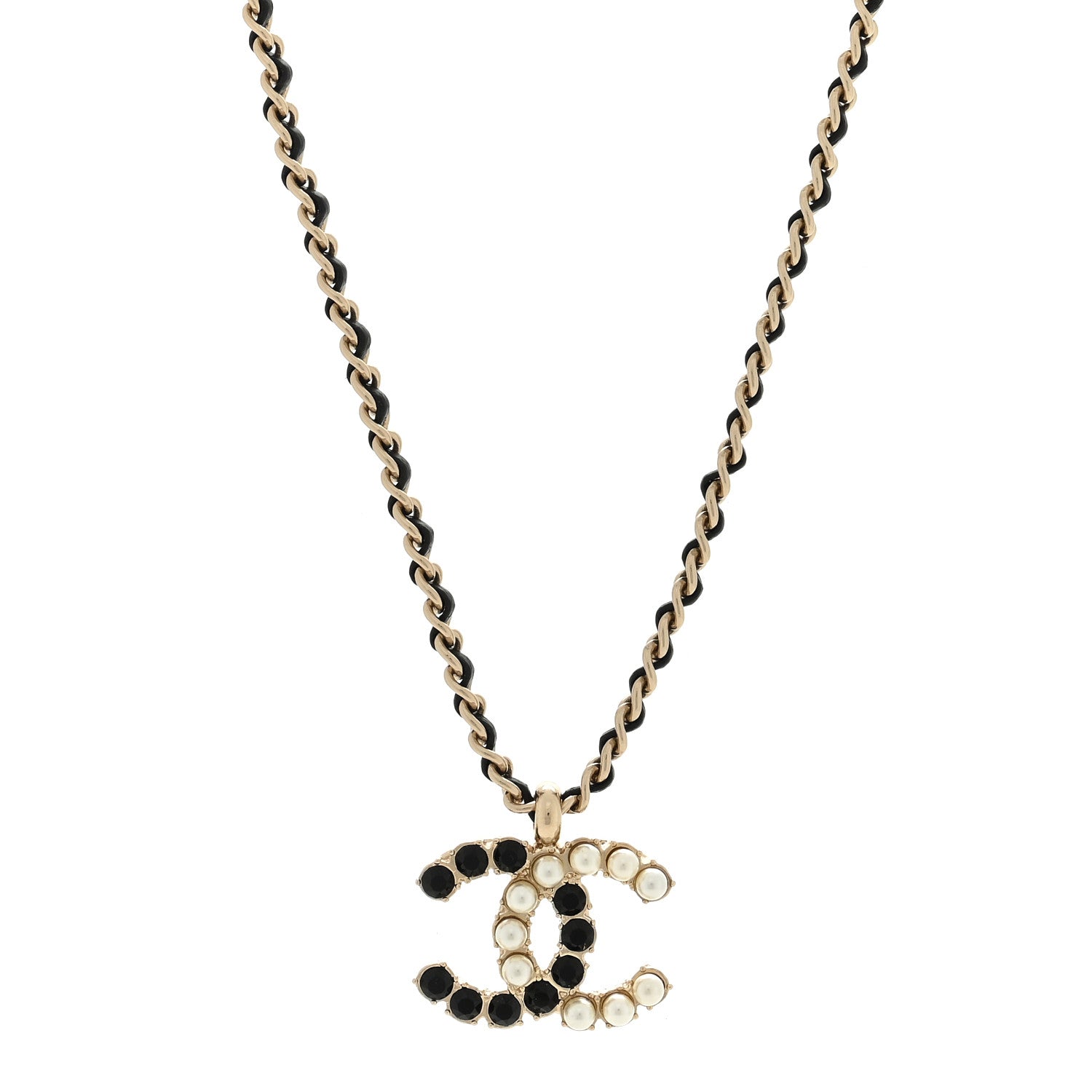 Chanel Pearl Crystal Lambskin Chain CC Short Necklace Black Gold 1 of 5