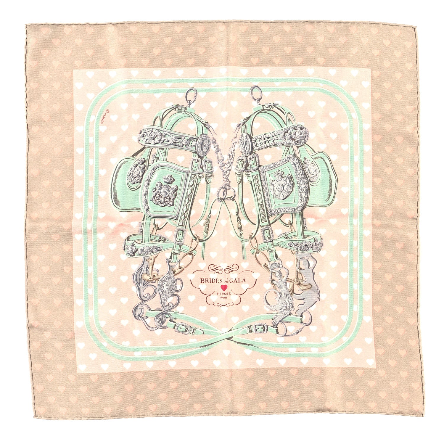 Hermes Silk Brides De Gala Love Pocket Square Beige Rose Dragee Vert Amande 1 of 5