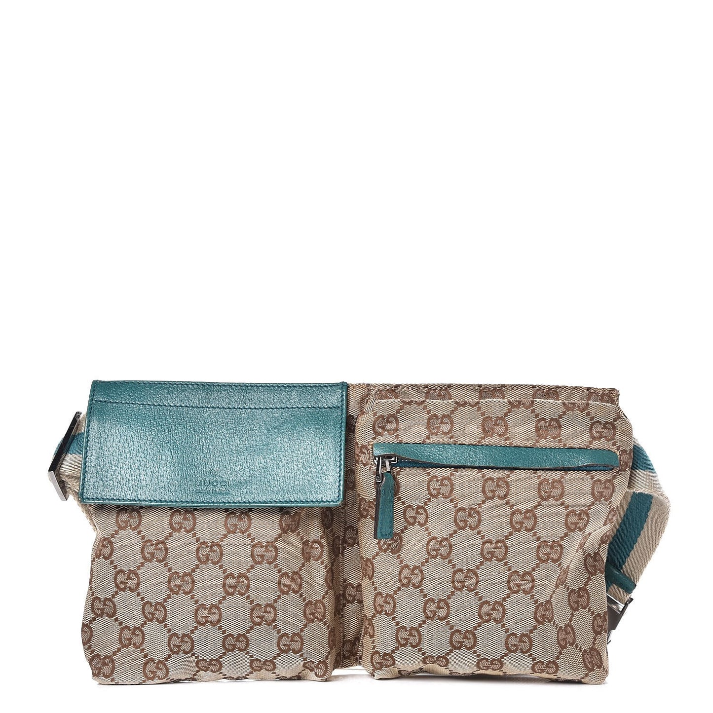 GG Monogram Web Double Pocket Belt Bag Turquoise
