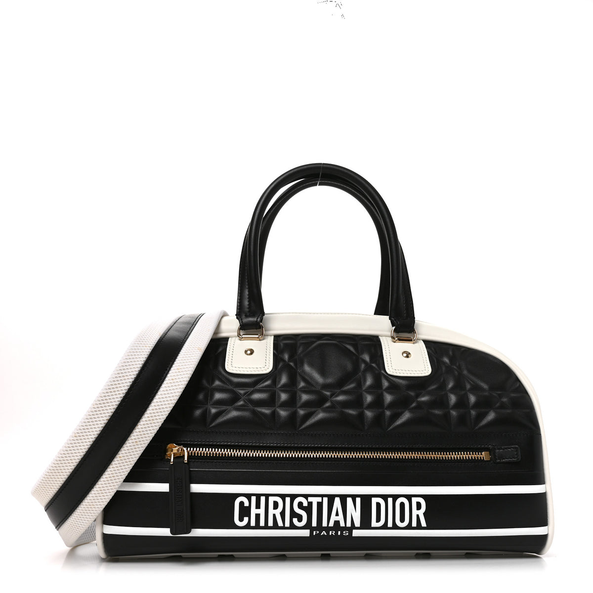 Christian Dior Lambskin Cannage Medium Dior Vibe Zip Bowling Bag Black White 1 of 10
